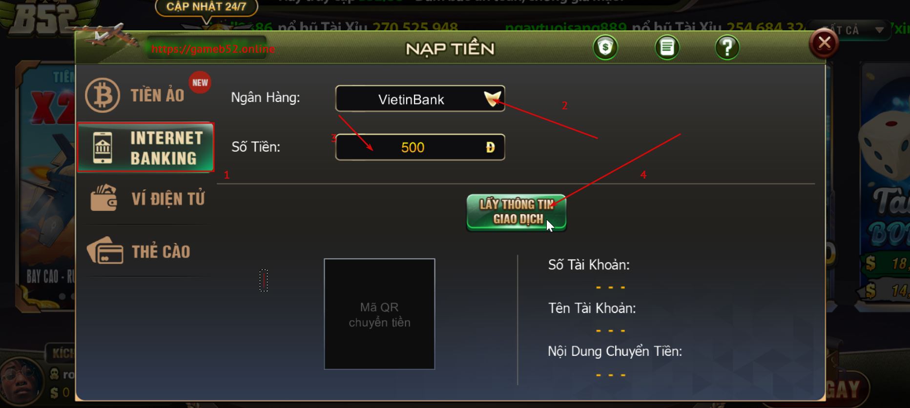 nạp tiền B52Club - internet banking
