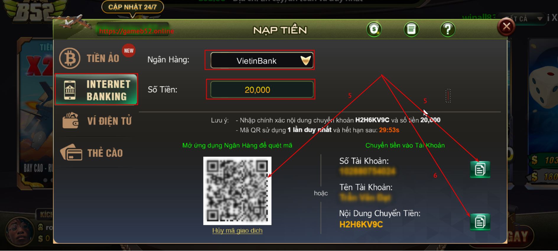 cách nạp tiền B52Club - internet banking 
