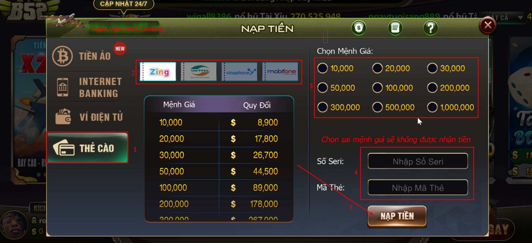 nạp tiền B52Club - thẻ cào