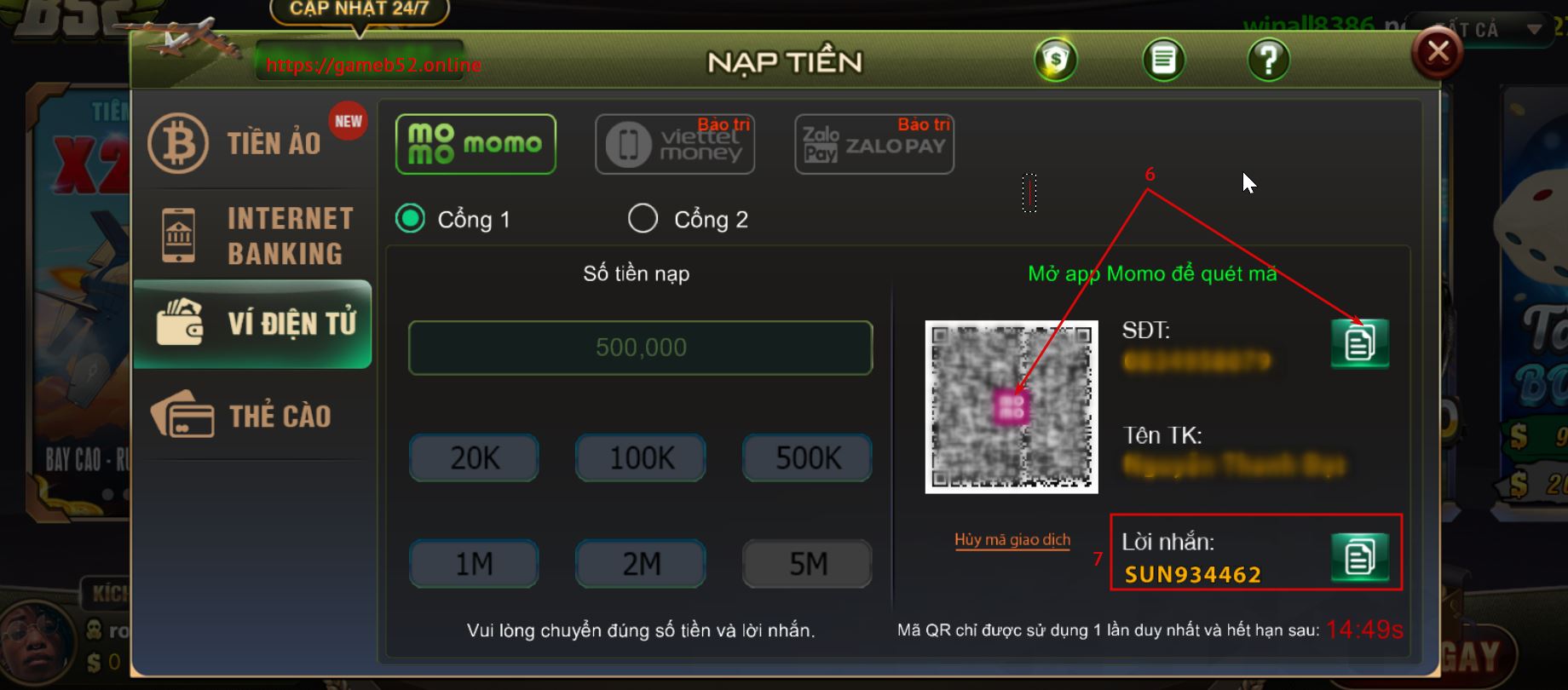 nạp tiền B52Club - quét mã ví điện tử